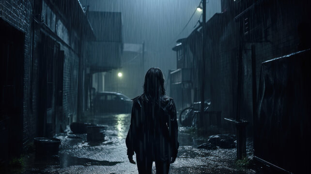 Young woman walks alone in rain at night on dark grungy street, back view of adult girl in spooky place. Female person like in thriller or horror movie. Concept of crime, cinematic