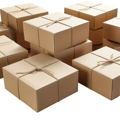 A neat arrangement of brown cardboard boxes tied with twine, ready for shipping or storage. - obrazy, fototapety, plakaty
