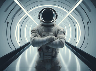 Astronaut stands arms folded in space suit on spaceship