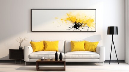 large canvas against a white wall and yellow couch, in the style of quiet simplicity, white and...