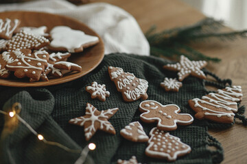 Christmas gingerbread cookies with icing on festive rustic table with decorations, fir branches, golden illumination. Merry Christmas! Delicious gingerbread cookies, atmospheric time