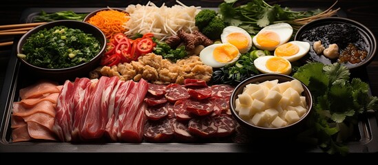 Sukiyaki, japanese hot pot with meat, vegetables and eggs