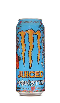 Monster juiced monster mango loco energy drink can isolated on white background