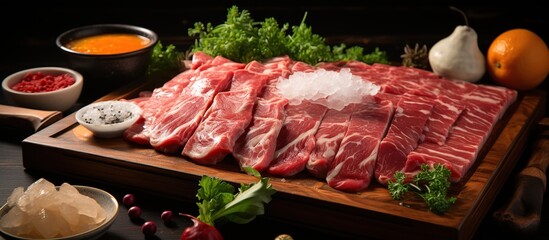 Raw fresh beef sliced on wooden cutting board with ingredients for cooking.