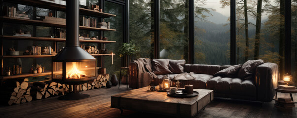 Salon moderne avec un poêle à bois en train de fonctionner pendant l'hiver dans un chalet à la montagne - obrazy, fototapety, plakaty