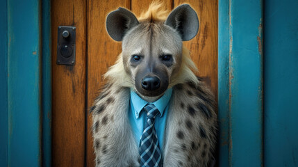 une hyène anthropomorphe, allégorie du commercial malhonnête qui vient sonner à la porte - obrazy, fototapety, plakaty