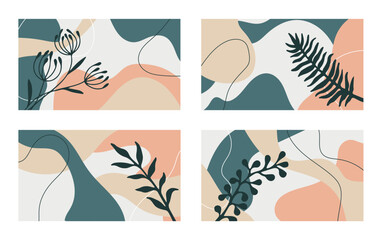Set of vector backgrounds in warm colors with organic shapes and plant leaf images. Background for story and social media post, wedding invitation, greeting card, packaging, branding design, banner