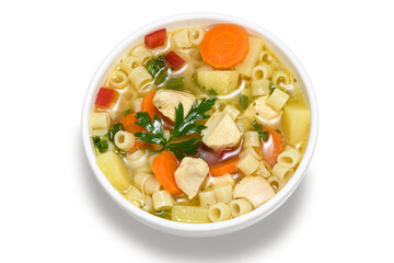 chicken soup with vegetables in a white bowl 