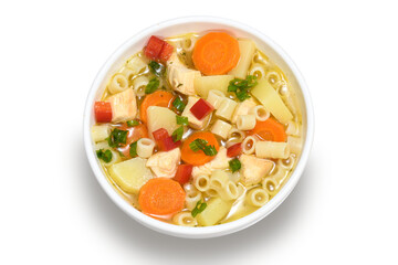 chicken soup with vegetables in a white bowl 