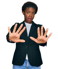Young african american girl wearing business clothes doing stop gesture with hands palms, angry and frustration expression