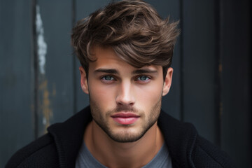 Obraz premium A young man portrait, light brown hair, swept fringe with tapered sides and a stubble beard
