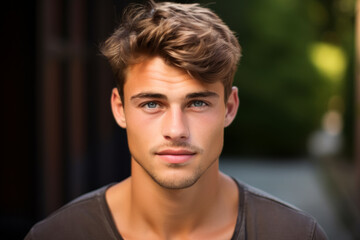 Fototapeta premium A young man portrait, light brown hair, swept fringe with tapered sides and a stubble beard