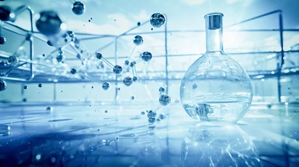 Foto op Plexiglas A laboratory flask filled with a clear liquid is surrounded by floating molecules in a blue-tinted laboratory setting, creating a futuristic feel, ai generative © larrui