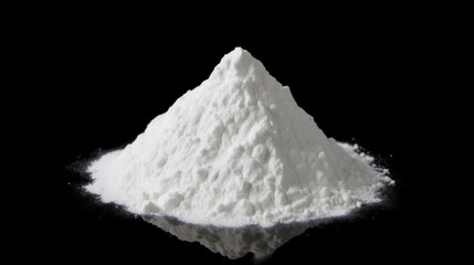 Pile of white powder looking like cocaine or amphetamine isolated on black background - obrazy, fototapety, plakaty