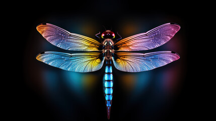 Unreal, fantastic neon glowing dragonfly - obrazy, fototapety, plakaty