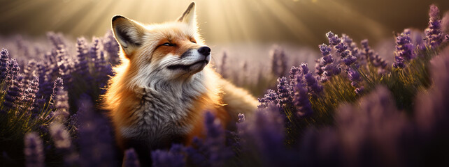Fluffy red fox in lavender flowers - obrazy, fototapety, plakaty
