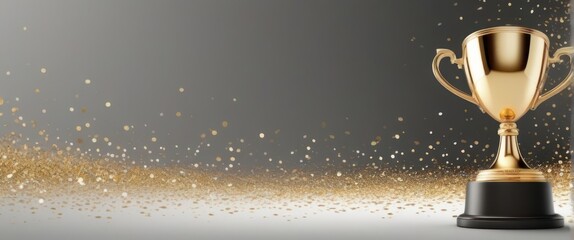 Fototapeta na wymiar Trophy with scattered golden glitter, studio light with space for text