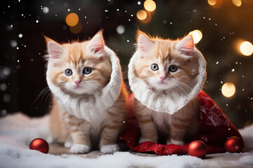 Cute cats in Christmas suits sit near the Christmas tree. Lights, holiday spirit. Generative AI.