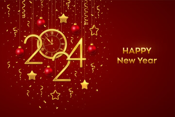 Fototapeta na wymiar Happy New Year 2024. Gold metallic numbers 2024 and watch with Roman numeral and countdown midnight, eve for New Year. Hanging golden stars and balls on red background. Realistic vector illustration.