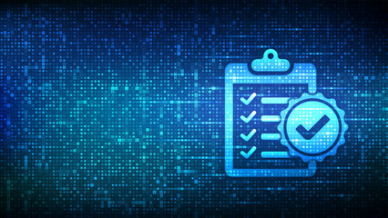 Regulation Compliance icon made with binary code. Reg Tech financial control background. Compliance rules. Law regulation policy. Digital code matrix background with digits 1.0. Vector Illustration.