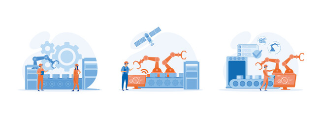 Smart industry, innovative manufacturing. Smart industrial revolution.Engineer working with interactive interface. Smart industry set flat vector modern illustration