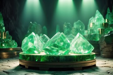 Crystal jade rods are displayed on a podium in a shimmering cave.