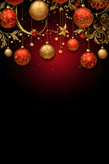 Christmas holiday concept banner with Christmas red and gold ornament balls, isolated on black background, copy space. Winter holidays, New Year, vertical