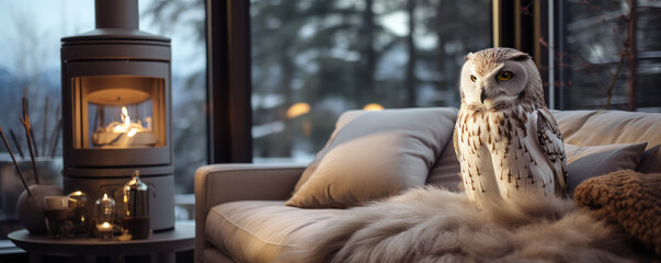 une chouette blanche posée au chaud sur un canapé à l'intérieur d'un salon contemporain dans la forêt - obrazy, fototapety, plakaty