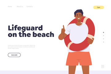 Lifeguard on beach landing page design template with happy lifesaver male character portrait