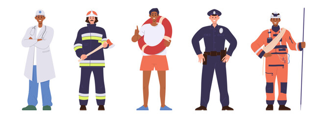 Professional emergency services as firefighter, police officer, lifesaver, doctor, electrician set