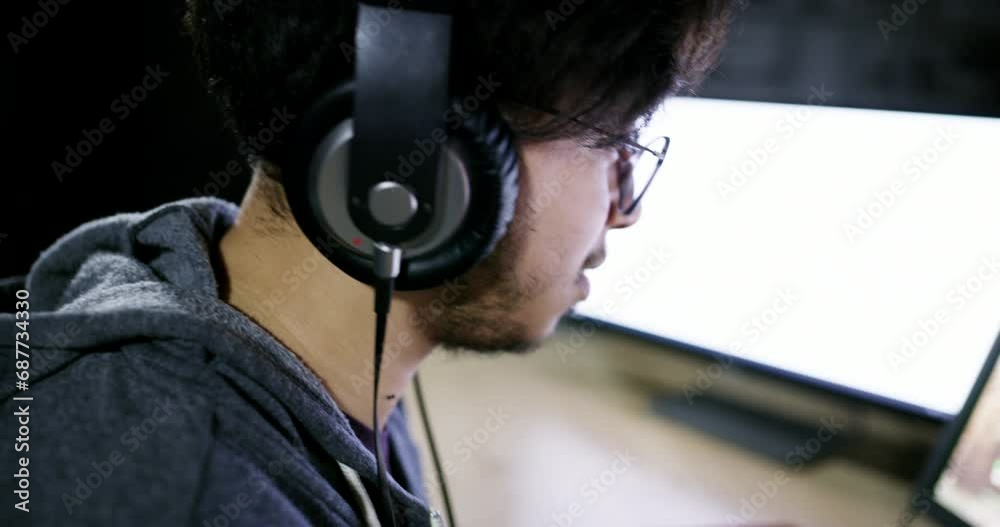 Poster computer screen, keyboard and man typing, gaming and play online challenge, fantasy rpg or virtual w