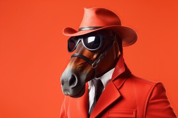 confident cool horse dressed as a spy on bright background - obrazy, fototapety, plakaty