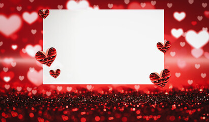 Beautiful red blurred Valentines Day abstact bokeh background with paper hearts and white blank card. Room for text.