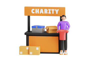 Volunteers collecting clothes for donating 3d illustration. volunteering and charity. 3d illustration