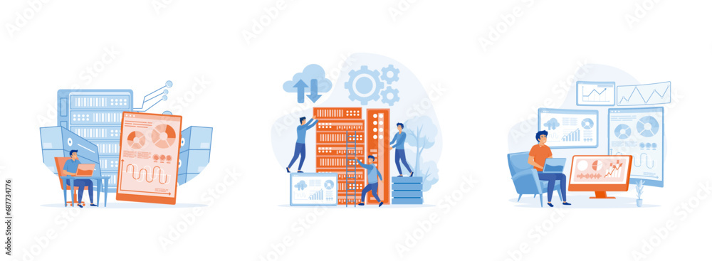 Poster data center technology concept, data network management, computer monitoring information database. d