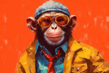 Confident cool monkey dressed as a spy on bright background - obrazy, fototapety, plakaty