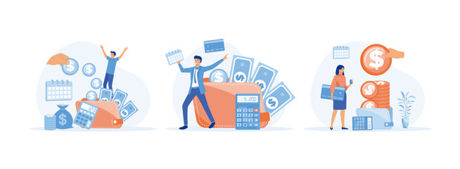 Salary Payment concept. Employee or workers are happy receive a monthly salary. People calculating money, active income. Salary payment 1 set  flat vector modern illustration   - obrazy, fototapety, plakaty