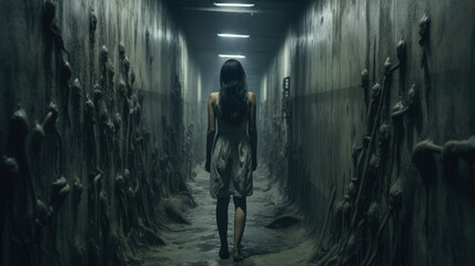 Girl walks away down dark scary corridor alone, back view of young woman in spooky creepy building. Female person like in thriller or horror movie. Concept of terror, cinematic - obrazy, fototapety, plakaty