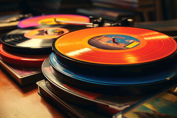 A stack of retro vinyl records with colorful album covers, recalling the nostalgia of analog music....