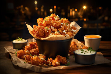 A generous serving of crispy and flavorful popcorn chicken, perfect for on-the-go snacking. Concept of bite-sized convenience. Generative Ai.