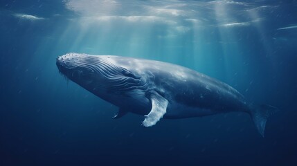 Fototapeta premium Majestic Blue Whale Swimming in Ocean Depths. Generative ai