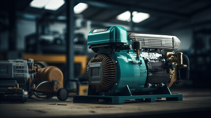 Powerful Air Compressor in a Modern Garage. - obrazy, fototapety, plakaty