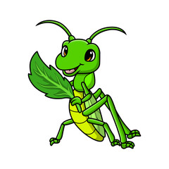 Cute grasshopper cartoon holding leaf