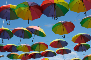 Fototapeta na wymiar umbrellas, colorful and bright, street decoration