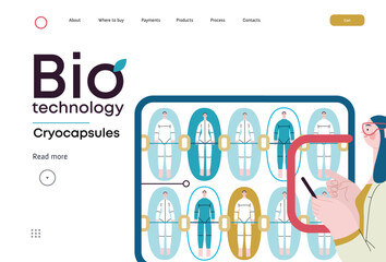 Bio Technology, Cryocapsule Time Freezer -modern flat vector concept illustration of futuristic cryocapsules resembling frozen time vaults. Metaphor of preserving life, time through cryonic technology
