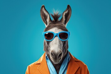 Confident cool donkey dressed as a spy on bright background - obrazy, fototapety, plakaty