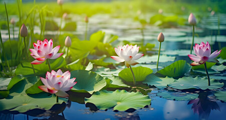pink/red lotus flower and water lily, ai generated.