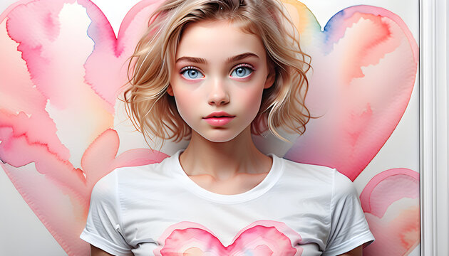 Exploring the Diversity of Eye Colors and Stylish Charms of Beautiful Women Wearing Heart Motif T-Shirts.(Generative AI)