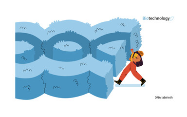 Bio Technology, DNA Labyrinth -modern flat vector concept illustration of person in front of a labyrinth in the form of a double helix DNA. Metaphor of intricacies and challenges of genetic research
