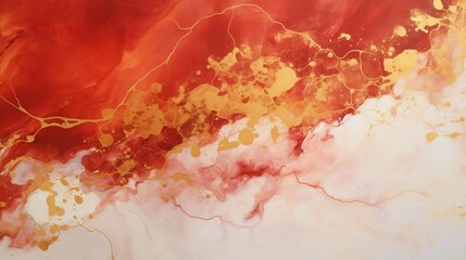 abstract liquid painting. marbled wallpaper background. red and gold waves swirls white painted splashes illustration.	